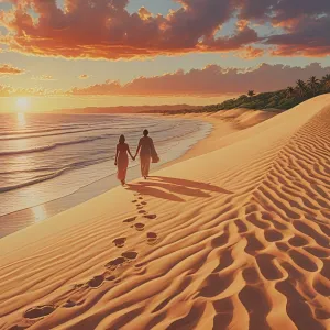 Serene beach, Couple walking hand in hand, Tropical island, Twilight, Rolling dunes