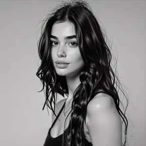 A young woman with long, wavy brown hair and a toned physique