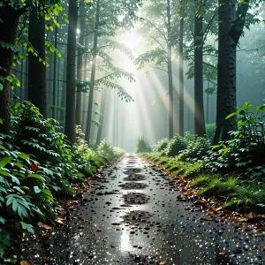 A hyper-realistic photograph of a forest trail just after a light rain