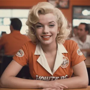 analog film photo Marylin Monroe dressed in a hooters uniform waiting on