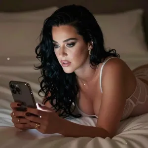 Sultry boudoir photography Katy Perry looking at iPhone.. Silks, elegant lingerie, seductive