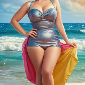 A full-figured, smiling 50s pin-up in a colorful, highly detailed poster on