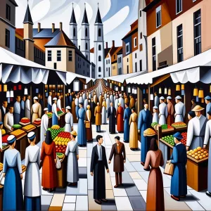 Cubist painting of a bustling city market with different perspectives of people