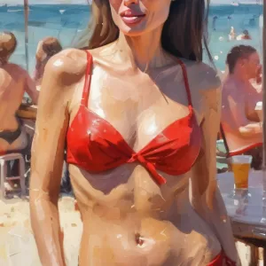 Impressionism, Angelina Jolie, red bikini in a beachbar, painterly, small brushstrokes, visible