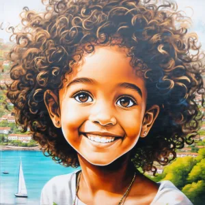 A street art mural of a young girl with curly hair and