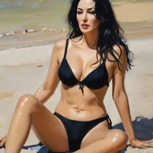 impressionist painting Monica Bellucci in black low-cut bikini sitting on the beach