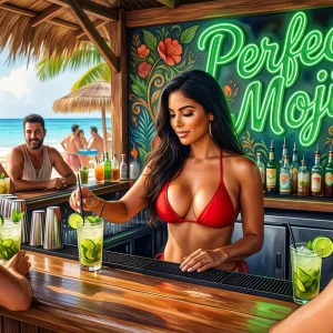 Watercolor style painting, a very detailed photo of a wooden beach bar