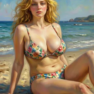A beautiful blond woman with very large breasts in flowery bikini sitting