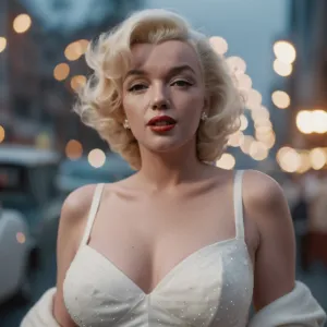 cinematic photo Marilyn Monroe in a white dress, big breasts . 35mm