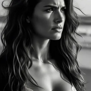 A striking black-and-white portrait of a woman with long, dark, and naturally