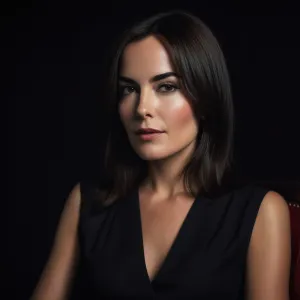 Photorealistic portrait of Camilla Belle seated in a chair straight to the