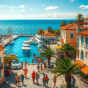 HDR photo of A picturesque colonial-style village situated by the sea, capturing