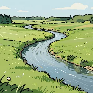 An illustration of a river winding through a meadow in the style