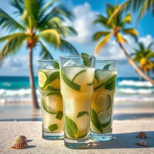 some mojito glasses with water drops on the outside, ice cubes standing
