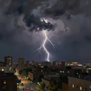 A low-detail oil painting of a thunderstorm over a cityscape with dark