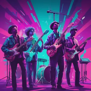 A colorful artistic illustration inspired by live music culture: musicians on stage