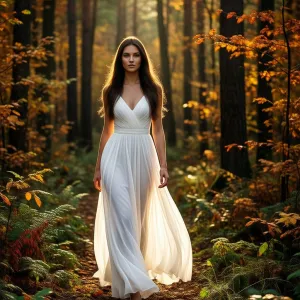 Subject: young woman, professional model Pose: walking forward, confident stride Clothing: flowing