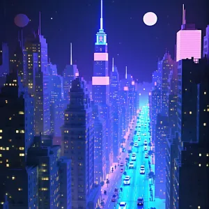 A 3D rendering of a cityscape at night with neon lights and