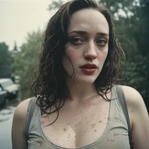 analog film photo Kat Dennings, wet t-shirt, upper body shot . faded