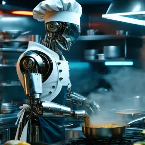 A 3D render of a robot chef cooking in a cyberpunk kitchen