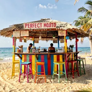 a beach bar called the perfect mojito seen from the beach, vibrant