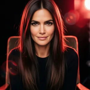 Photorealistic portrait of Camilla Belle seated in a chair straight to the