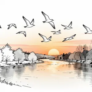 line art drawing - A watercolor painting of a flock of birds