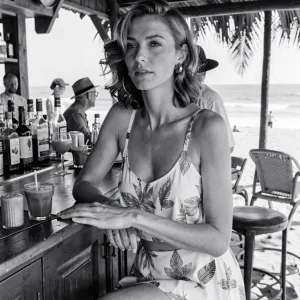 Penelope Cruz at a beach bar in the sixties. Black and White