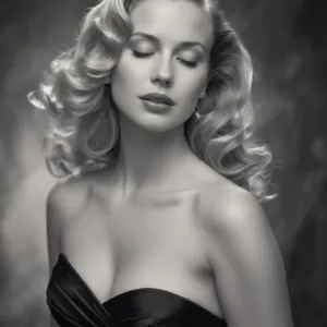 A classic black-and-white portrait of a glamorous blonde woman in 1950s Hollywood