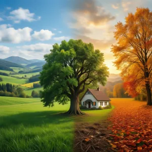 Generate a single landscape that seamlessly transitions through all four seasons from