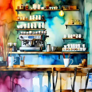 A watercolor painting of a coffee shop with surreal elements in vibrant