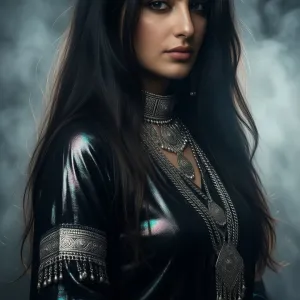 A moody, hyperrealistic portrait of a Persian woman with long, dark hair