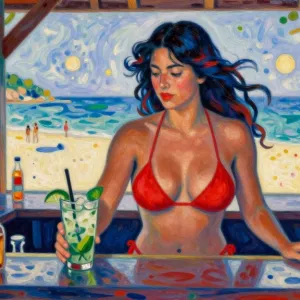 Neo-Impressionism, A 26 yo woman making a mojito in a beach bar