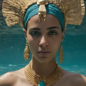 Create a serene and symbolic image of Cleopatra bathing in the Nile