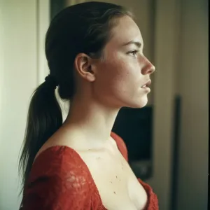 analog film photo Red dress, woman, large breasts, freckles, ponytail, long hair