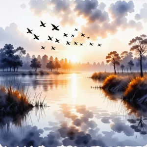 A watercolor painting of a flock of birds flying over a river