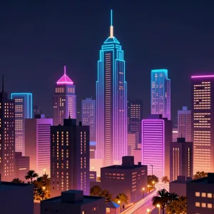 A 3D rendering of a cityscape at night with neon lights and