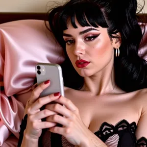 Sultry boudoir photography Katy Perry looking at iPhone.. Silks, elegant lingerie, seductive