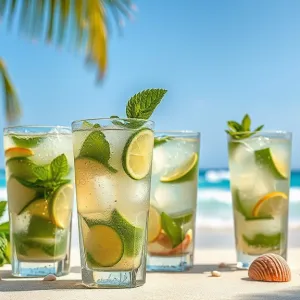 some mojito glasses with water drops on the outside, ice cubes standing