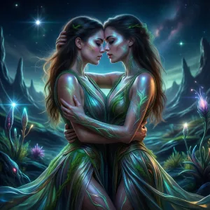 HDR photo of Two young women, their skin glowing with bioluminescent light