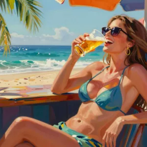 abstract expressionist painting Sofia Vergara lounges at a vibrant beach bar, golden