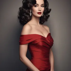 A glamorous woman posed confidently in a form-fitting, elegant red dress with