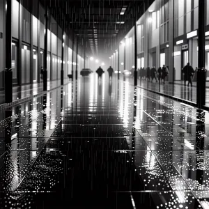 Black and white street photography of a rainy night in Barcelona, reflections
