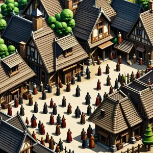 Isometric digital art of a medieval village with thatched roofs, a market