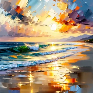 Impressionist oil painting of a beach at sunset with a narrow aspect