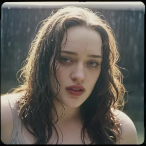 analog film photo Kat Dennings, wet t-shirt, upper body shot . faded