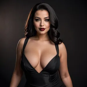 A seductive woman with exxagerated curves, hourglass shaped in a black dress