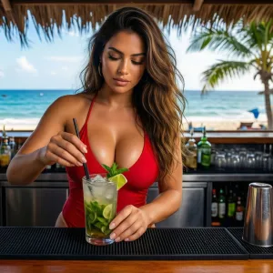 A 20yo woman making a mojito in a beach bar behind the