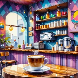 A watercolor painting of a coffee shop with surreal elements in vibrant