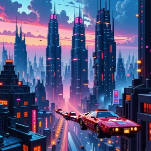 Cyberpunk cityscape with towering skyscrapers, neon signs, and flying cars